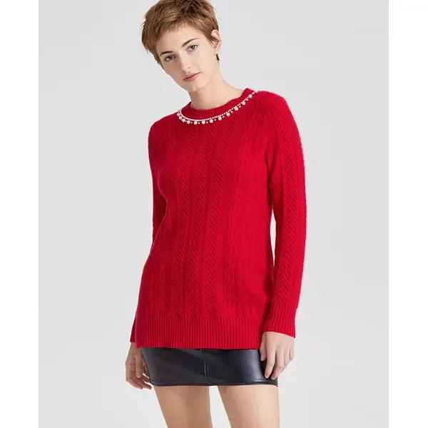 Women's Cashmere Embellished Cable-Knit Tunic Sweater, Created for Macy's-Red polish