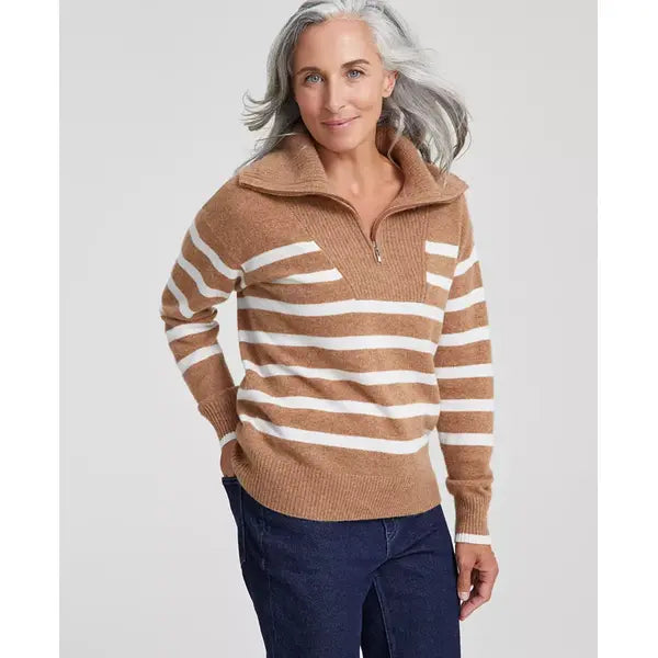 Women's 100% Cashmere Eloise Quarter-Zip Long-Sleeve Sweater, Created for Macy's-Warm praline combo