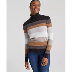 Women's Striped 100% Cashmere Turtleneck Sweater, Created for Macy's-Pearl Taupe Heather Combo