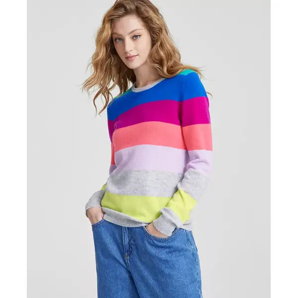 Women's 100% Cashmere Striped Crewneck Sweater, Created for Macy's-Bright marine combo