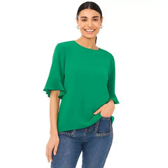 Macy's Women's Ruffled Cuff 3/4-Sleeve Crew Neck Blouse-Lush green
