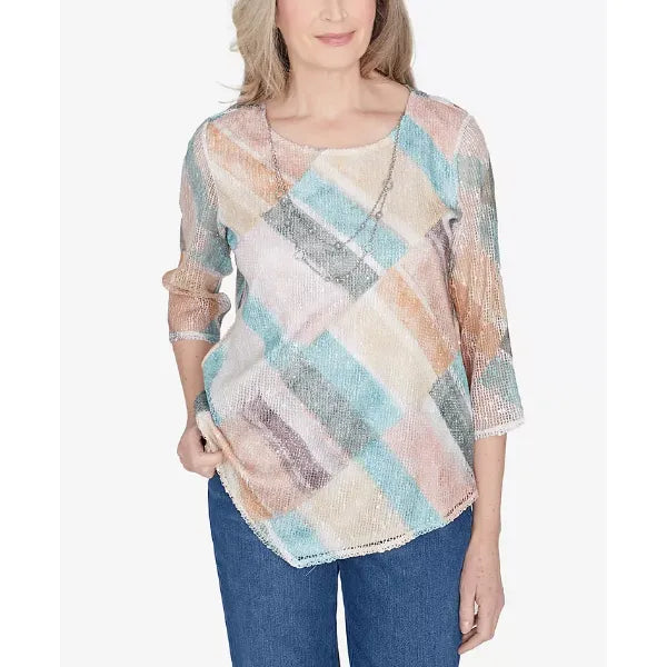 Alfred Dunner Scottsdale Women's Stained Glass Popcorn Top With Necklace, Multi