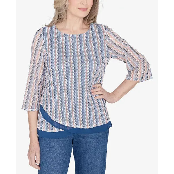 Alfred Dunner Scottsdale Women's Vertical Texture Woven Trim Top With Necklace, Multi, Size XL