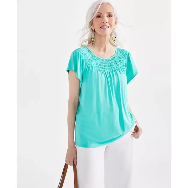 Women's Short-Sleeve Smocked-Neck Knit Top, Created for Macy's-Veergo green