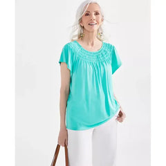 Women's Short-Sleeve Smocked-Neck Knit Top, Created for Macy's-Veergo green