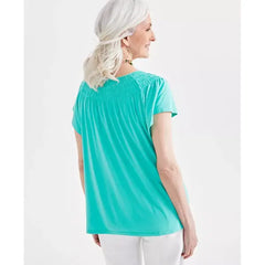 Women's Short-Sleeve Smocked-Neck Knit Top, Created for Macy's-Veergo green