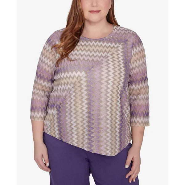 Alfred Dunner Plus Size Charm School Sparkling Zig Zag Stripe Top, Multi , Size 3X