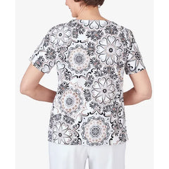 Alfred Dunner Women's Geo Medallion Short Sleeve Crew Neck Tee, Black/Tan ,Size large