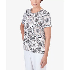 Alfred Dunner Women's Geo Medallion Short Sleeve Crew Neck Tee, Black/Tan ,Size large
