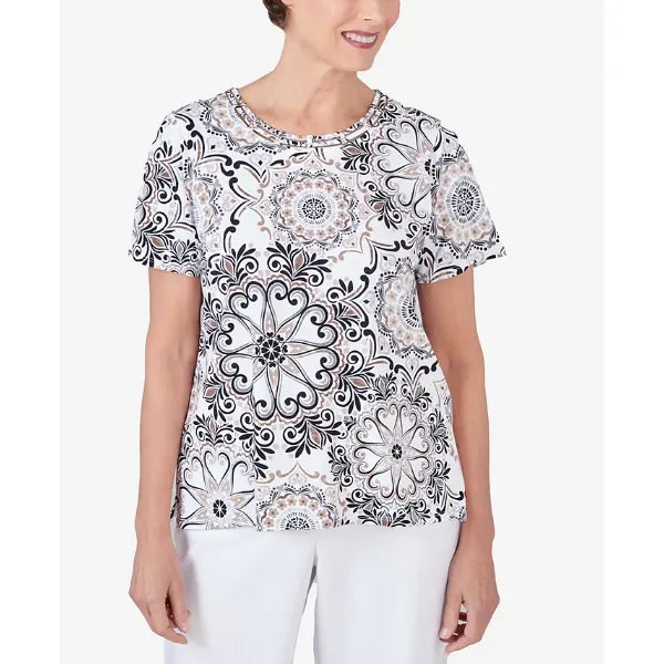 Alfred Dunner Women's Geo Medallion Short Sleeve Crew Neck Tee, Black/Tan ,Size large