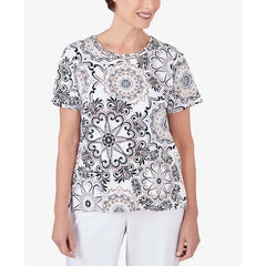 Alfred Dunner Women's Geo Medallion Short Sleeve Crew Neck Tee, Black/Tan ,Size large