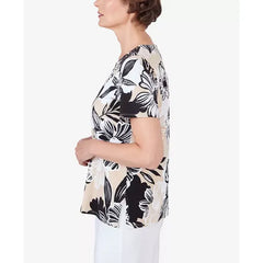 Alfred Dunner Women's Pleated Neck Bold Floral Short Sleeve Tee, Black,Tan , Size Small