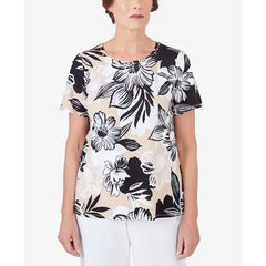 Alfred Dunner Women's Pleated Neck Bold Floral Short Sleeve Tee, Black,Tan , Size Small