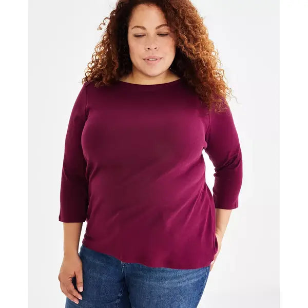 Plus Size Pima Cotton 3/4-Sleeve Top, Created for Macy's-Berried Treasur