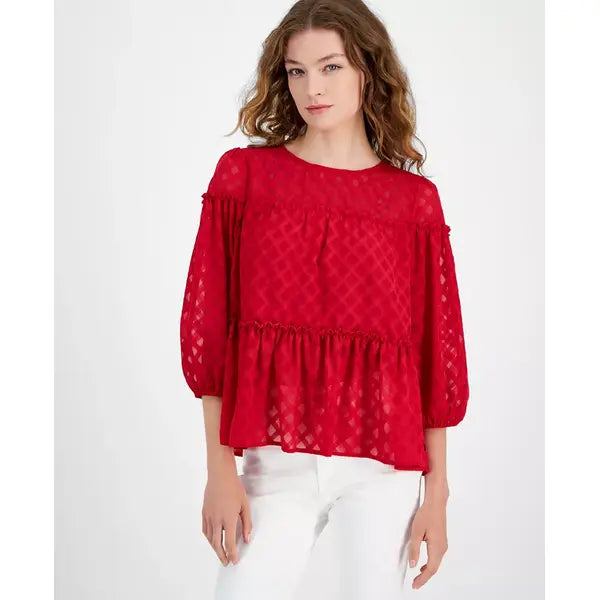 Macy's Women's Lattice Clip-Dot Balloon-Sleeve Blouse-chili peep