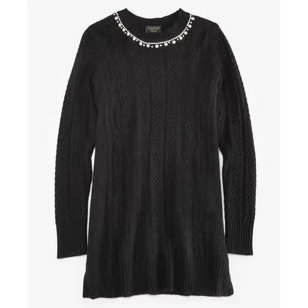 Women's Cashmere Embellished Cable-Knit Tunic Sweater, Created for Macy's-Classic black