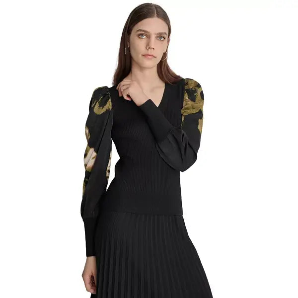 Women's V-Neck Rib-Knit Satin-Long-Sleeve Macy's-Bilk/photo