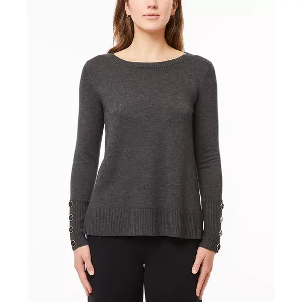 Women's Fine Gauge Boat-Neck Buttoned-Cuff Sweater, Created by Macy's-Charcoal black