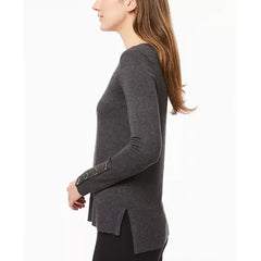 Women's Fine Gauge Boat-Neck Buttoned-Cuff Sweater, Created by Macy's-Charcoal black