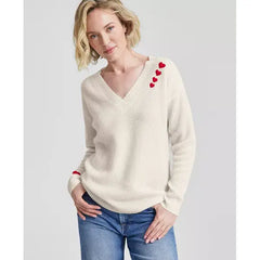 Women's Cashmere Ribbed Heart-Embroidered V-Neck Sweater, Created for Macy's-Vanilla ice combo
