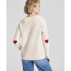 Women's Cashmere Ribbed Heart-Embroidered V-Neck Sweater, Created for Macy's-Vanilla ice combo