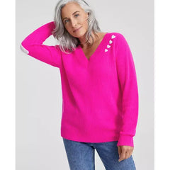 Women's Cashmere Ribbed Heart-Embroidered V-Neck Sweater, Created for Macy's-Fierce Pink Combo