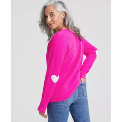 Women's Cashmere Ribbed Heart-Embroidered V-Neck Sweater, Created for Macy's-Fierce Pink Combo