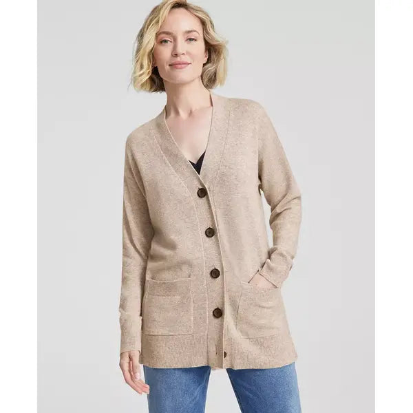 Macy's Women's Button-Front 100% Cashmere Cardigan, Created for Macy's-Pearl Taupe Heather