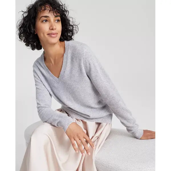 Macy's 100% Cashmere Women's V-Neck Long-Sleeve Sweater, Created for Macy's-Ice gray heather