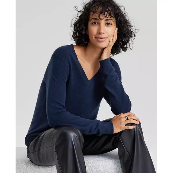 Macy's 100% Cashmere Women's V-Neck Long-Sleeve Sweater, Created for Macy's-Admiral navy