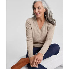 Macy's 100% Cashmere Women's V-Neck Long-Sleeve Sweater, Created for Macy's-Pearl Taupe Heather