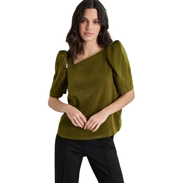 Macy's Women's Satin Puff-Sleeve Blouse-Dark olive