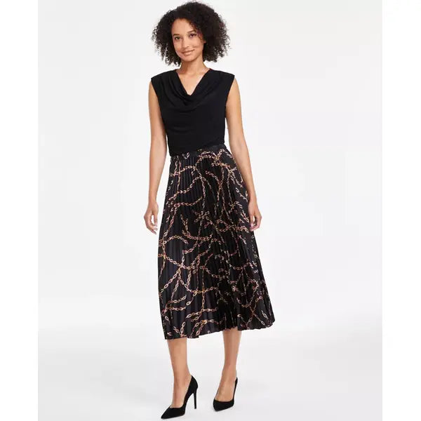 Women's Chain-Print Pull-On Pleated Midi Skirt,Created by Macy's-Anne Black