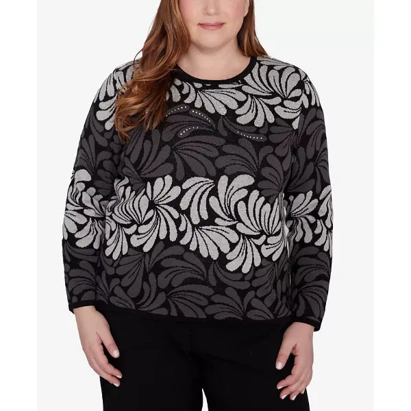 Alfred Dunner Plus Size Classic Geometric Ombre Scroll Top, Charcoal, Size 1X