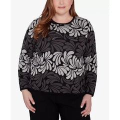 Alfred Dunner Plus Size Classic Geometric Ombre Scroll Top, Charcoal, Size 1X