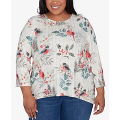 Alfred Dunner Plus Size Classic Crew Neck Birds & Holly Leaf Top, Oatmeal , Size 1X