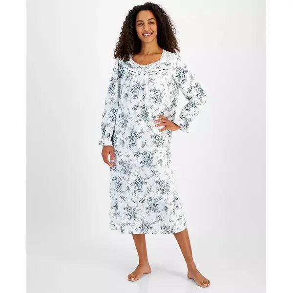 Women's Floral Flannel Henley Nightgown, Created for Macy's-Floral Toile Green