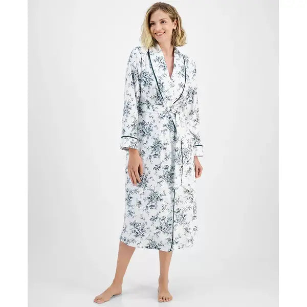 Women's Long Floral-Print Flannel Robe, Created for Macy's-Floral Toile Green