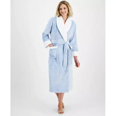 Women's Long Plush Fleece-Trim Robe, Created for Macy's-Dolphin Blue