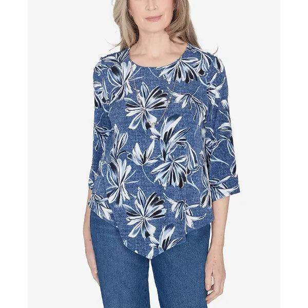Alfred Dunner Classic Elegant Flower Top with Necklace, Denim, Size S