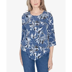 Alfred Dunner Classic Elegant Flower Top with Necklace, Denim, Size S
