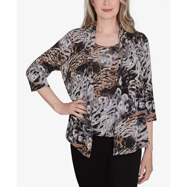 Alfred Dunner Classic Animal Melange Two in One Top, Neutral, Size M