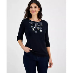 Women's Hanukkah Fun long-Sleeve Tee, Created for Macy's-Black