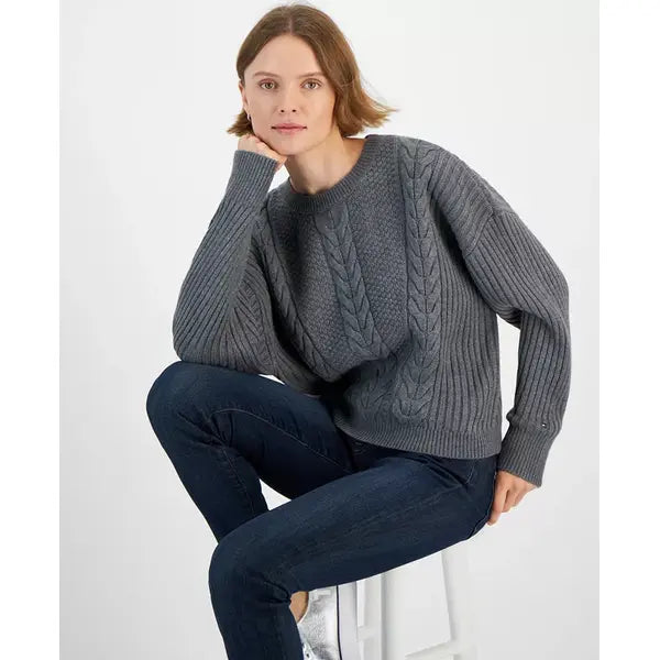 Macy's Women's Ribbed Cable-Knit Sweater- Fog heathe