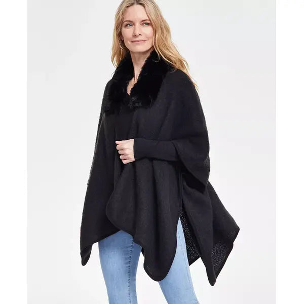 Women's Faux-Fur-Collar Topper Wrap, Created for Macy's-Black