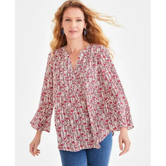 Women's Printed Pintuck Ruffle Sleeve Top, Created for Macy's-Pink floral