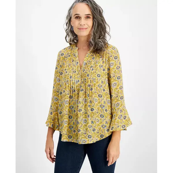 Women's Printed Pintuck Ruffle Sleeve Top, Created for Macy's-Bloom yellow