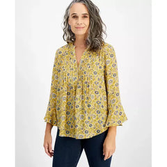 Women's Printed Pintuck Ruffle Sleeve Top, Created for Macy's-Bloom yellow