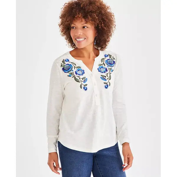 Women's Cotton Floral-Embroidered Long-Sleeve Top, Created for Macy's-Bloom sapphire