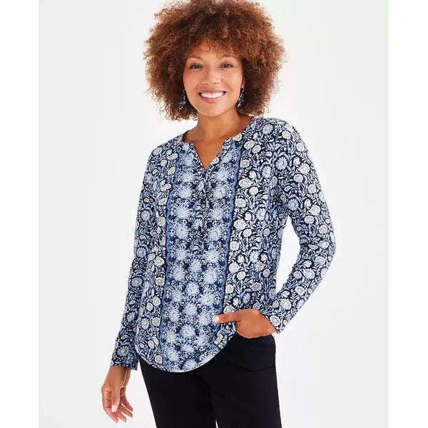 Women's Cotton Printed Henley Top, Created for Macy's-Border blue